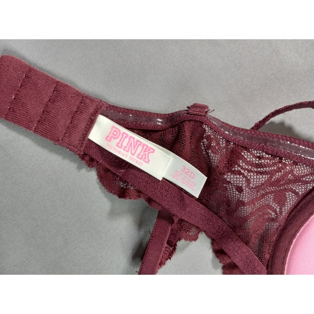 Victorias Secret PINK Push Up Bra 32D Burgundy Wine Lace Satin Underwire - Picture 3 of 6